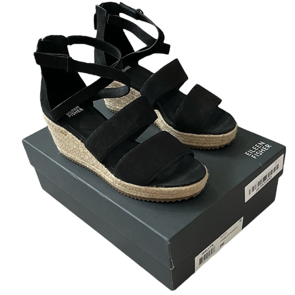 Eileen Fisher Wali Espadrille‎ Wedge Sandals Leather Nubuck Black NEW Womens 8